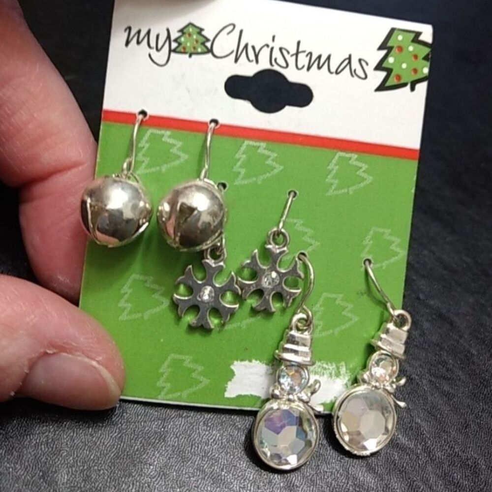 My Christmas three piece holiday earring set silver tone